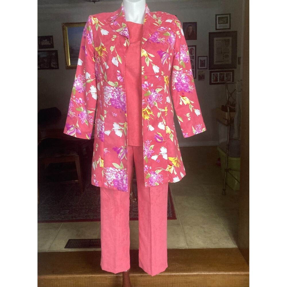 Maggie Sweet 5 pc Pant Suit Tank Shirt Blouse Blazer M Floral Microsuede Coral